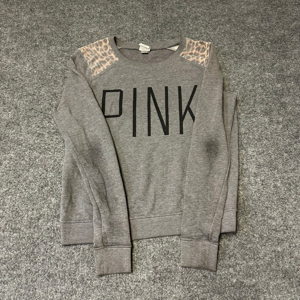 PINK Sweatshirt Womens Size S Gray Leopard Print Shoulder Logo Pullover Crewneck